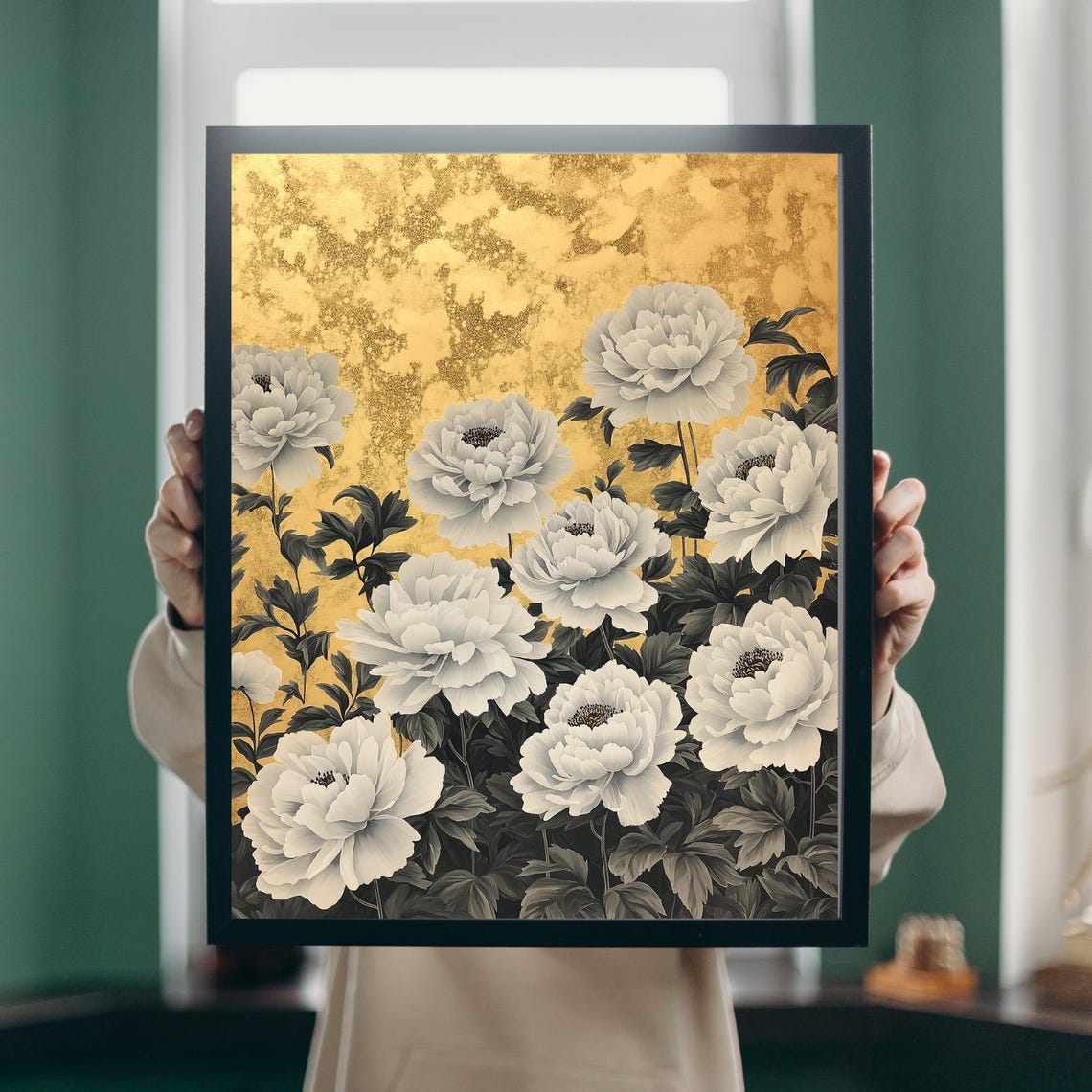 White Peonies On Gold Textured Background Floral Oil Painting Poster