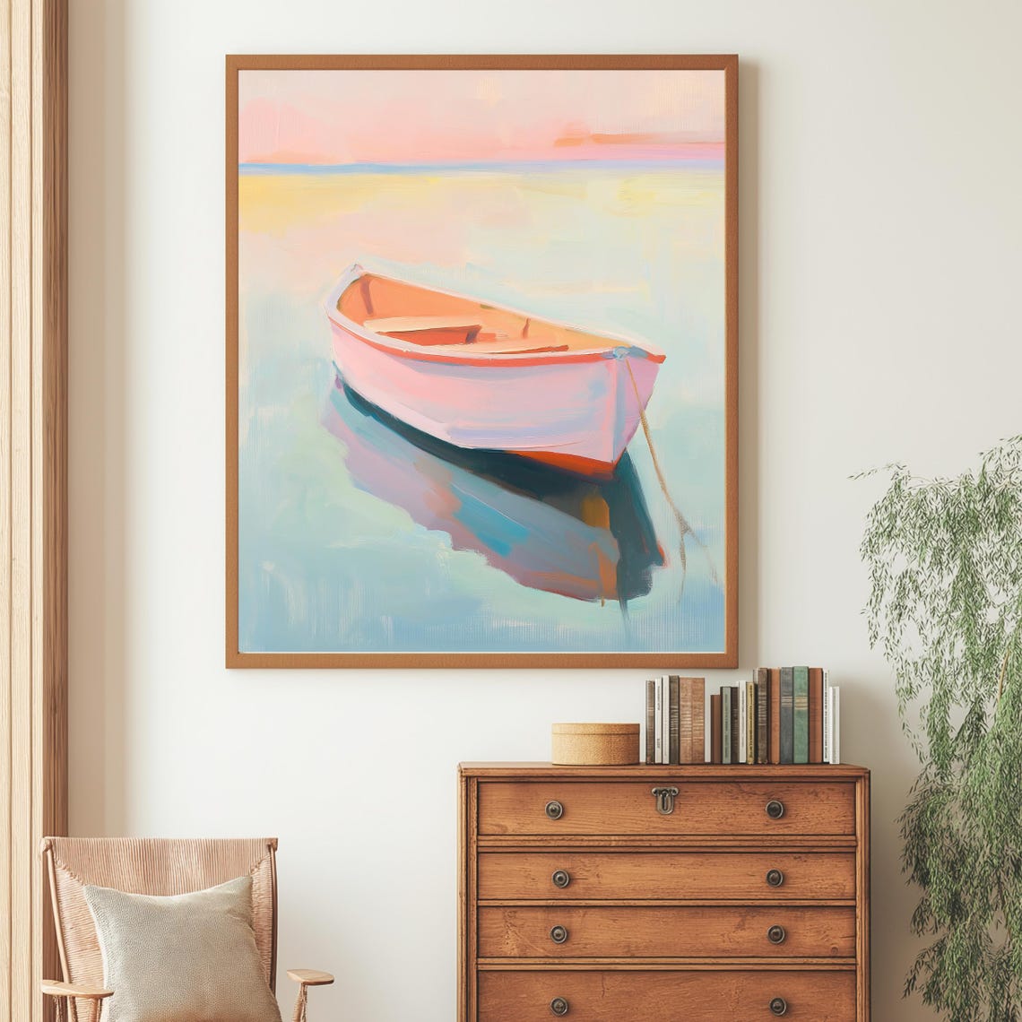 Pastel Pink Rowboat Soft Watercolor Nautical Coastal Art Poster