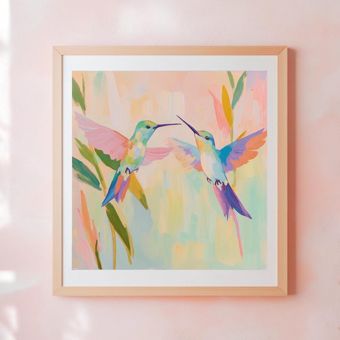 Two Colorful Hummingbirds Pastel Floral Garden Painting Wall Art