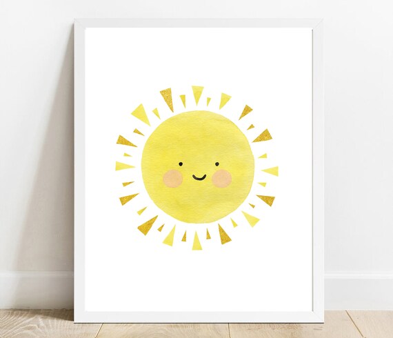Smiling Sun Watercolor Gold Glitter Rays Happy Nursery Wall Art
