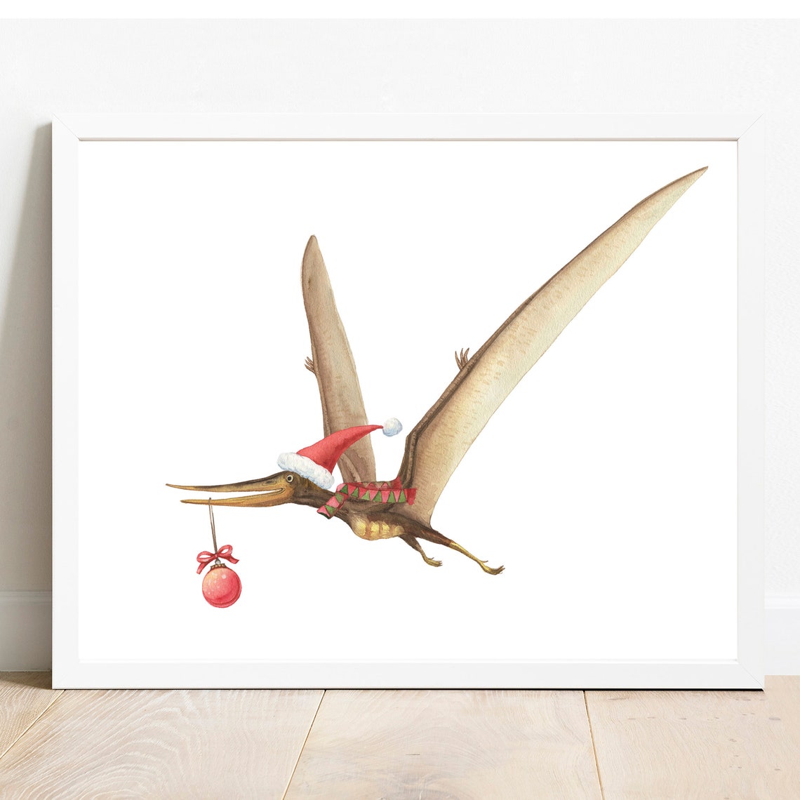 Christmas Pteranodon Santa Hat Dinosaur Watercolor Nursery Poster