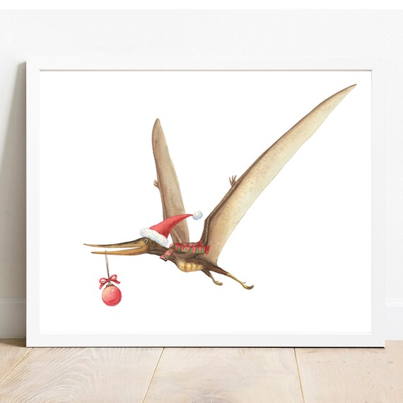 Christmas Pteranodon Santa Hat Dinosaur Watercolor Nursery Poster