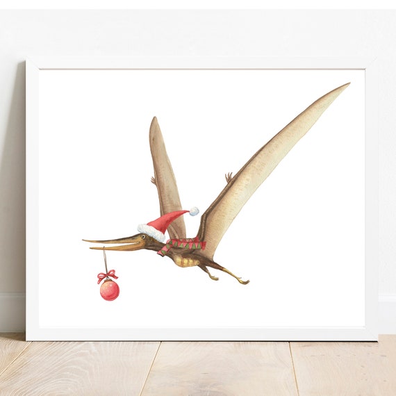 Christmas Pteranodon Watercolor Print Holiday Nursery Art