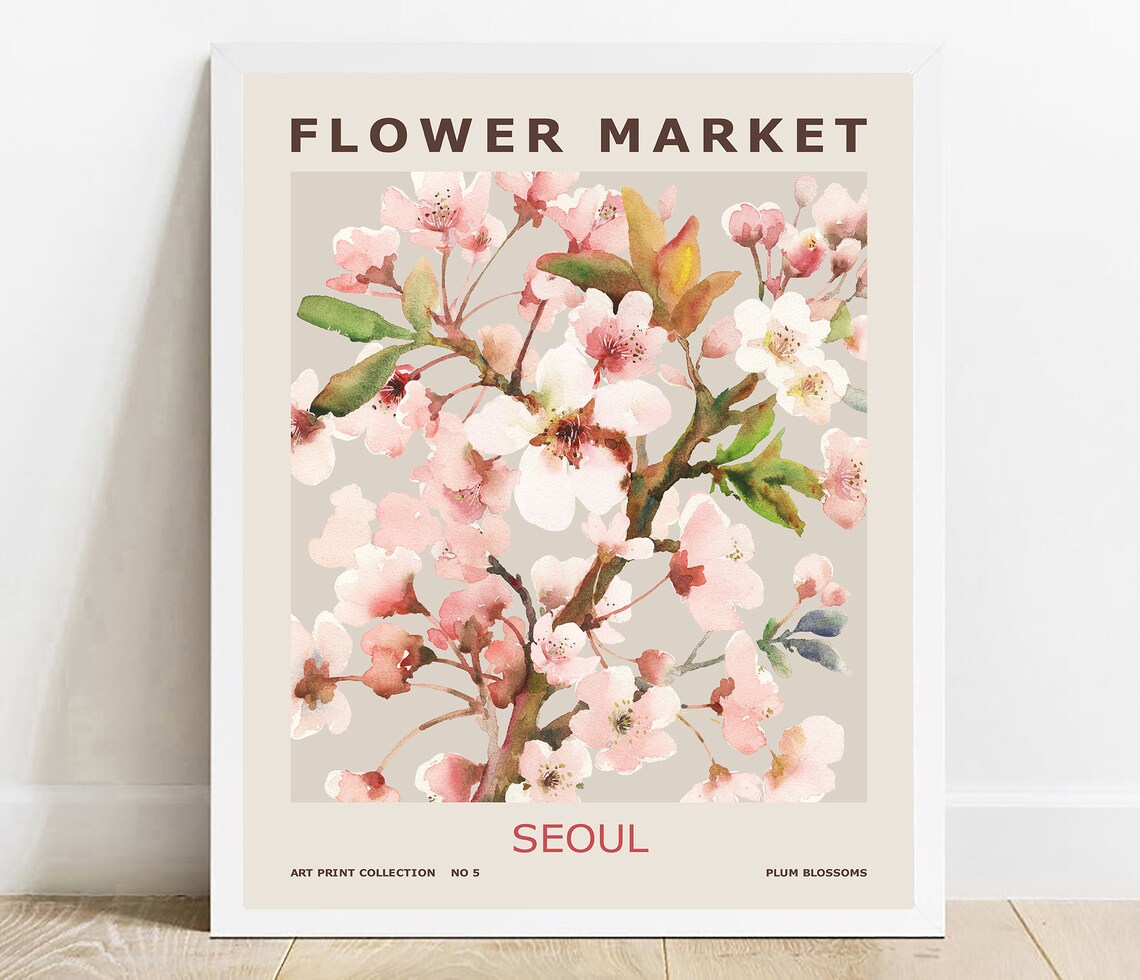 Seoul Flower Market Plum Blossom Watercolor Beige Botanical Poster