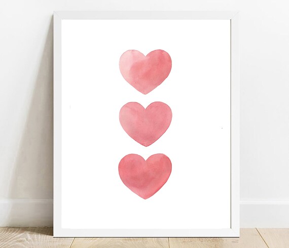 Three Pink Watercolor Hearts Minimalist Valentine Love Poster