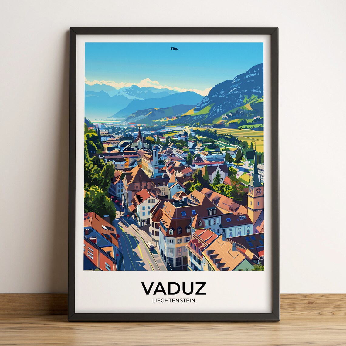 Vaduz Liechtenstein Alpine Town Old Church Summer Travel Poster