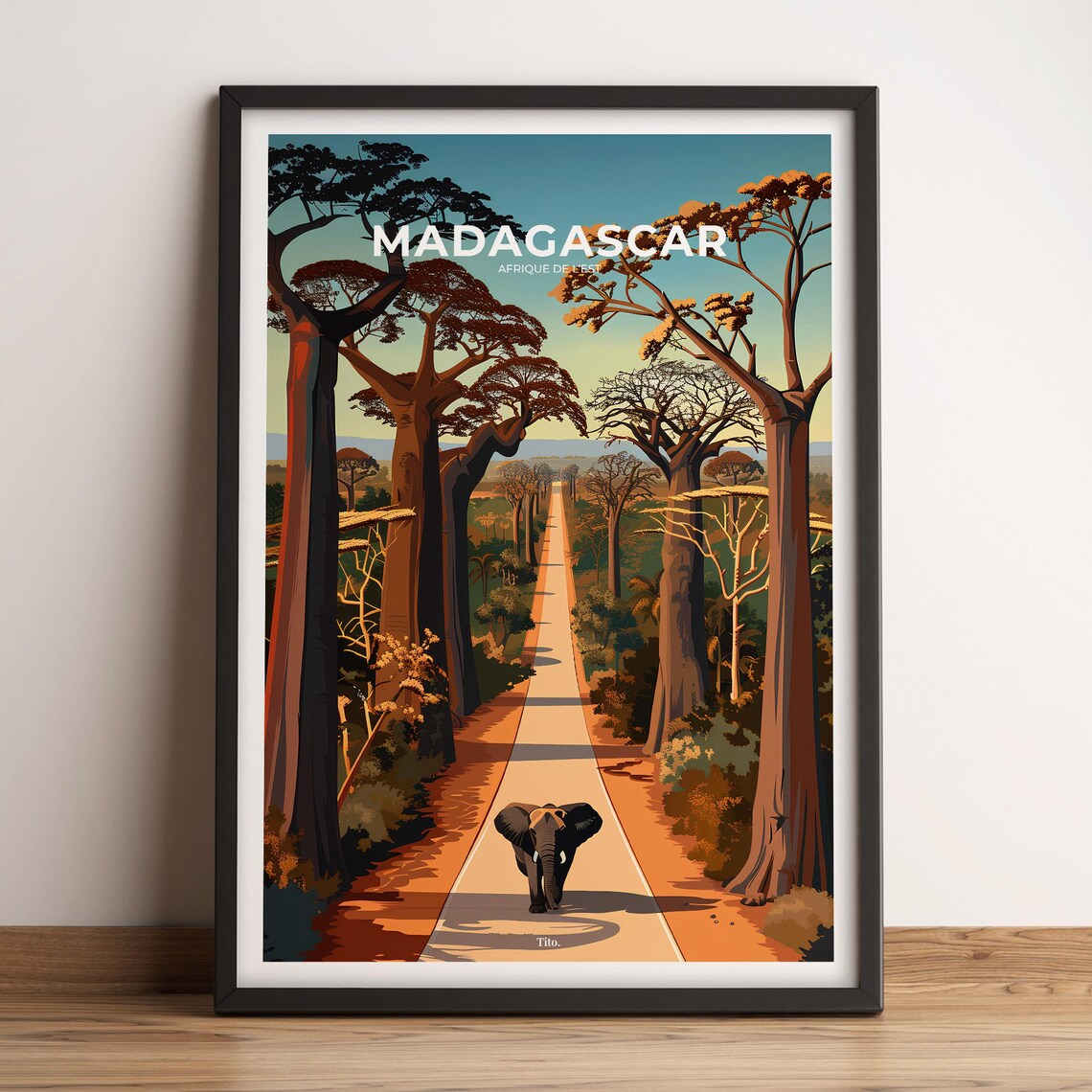 Madagascar Giant Baobab Road Elephant Safari Vintage Travel Poster