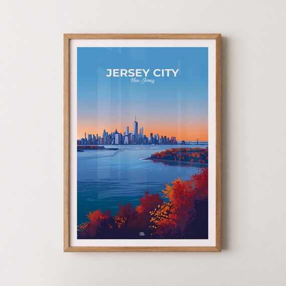 Jersey City Sunset Manhattan Skyline View from Hudson Travel Poster