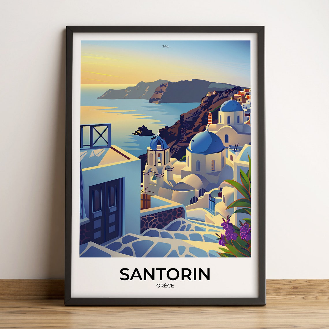 Santorini Greece Blue Domes Caldera Sunset Retro Illustration Poster