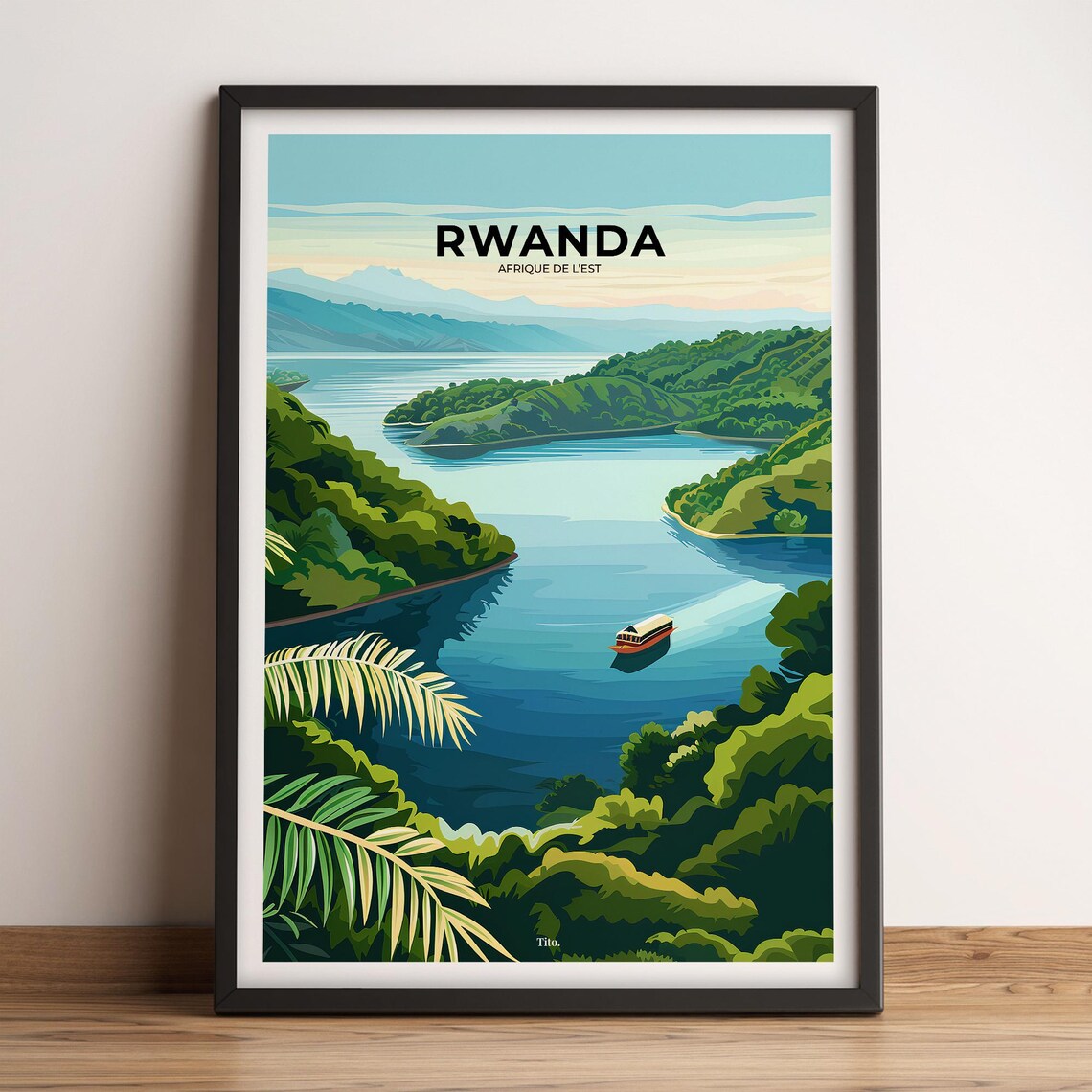 Rwanda East Africa Lakeside Jungle Boat Travel Poster Wall Decor