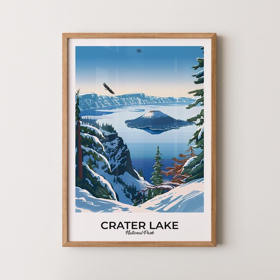 Crater Lake Oregon Travel Poster Winter Lake Island Snow Scene