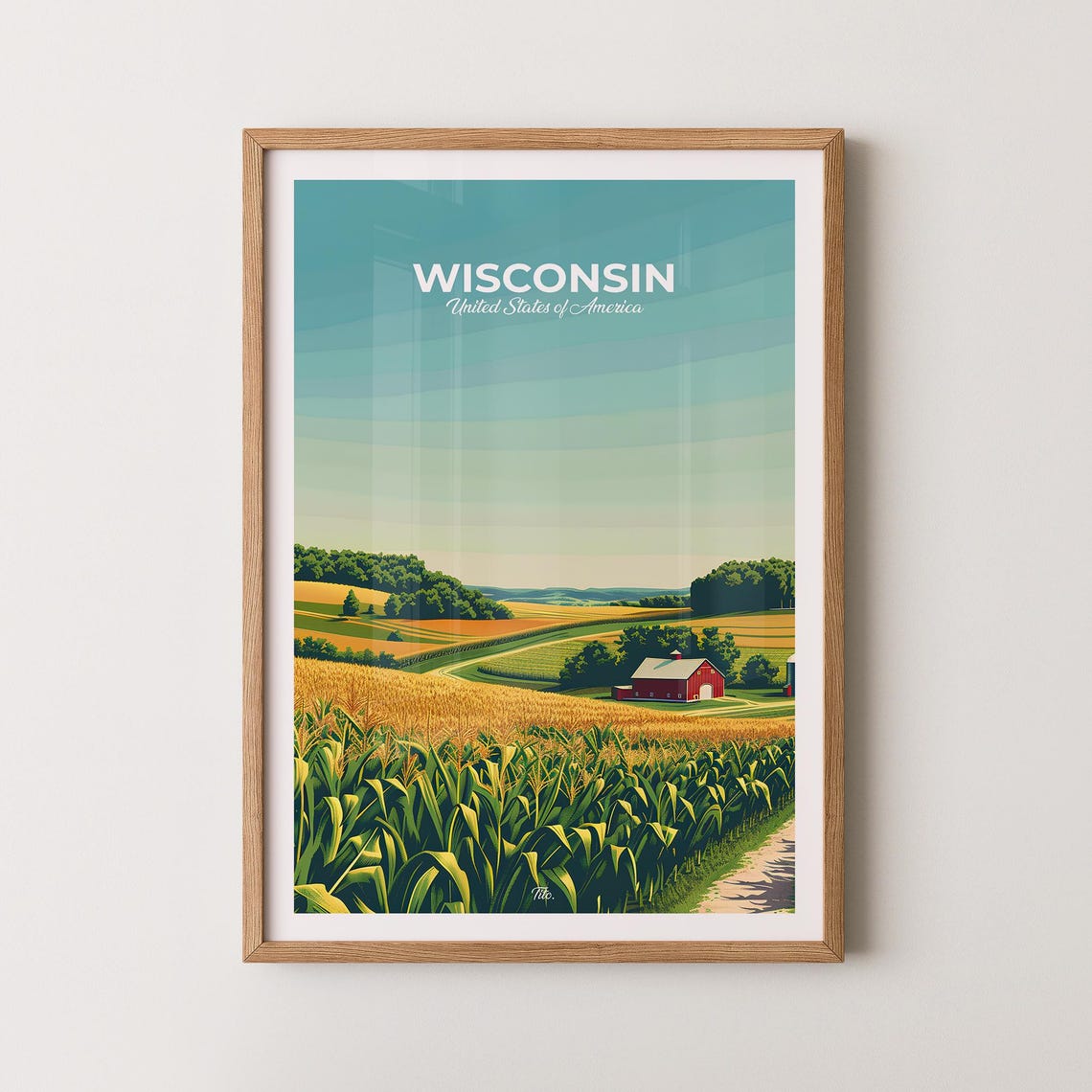 Wisconsin Golden Cornfield Red Barn Harvest Farm Scene Poster