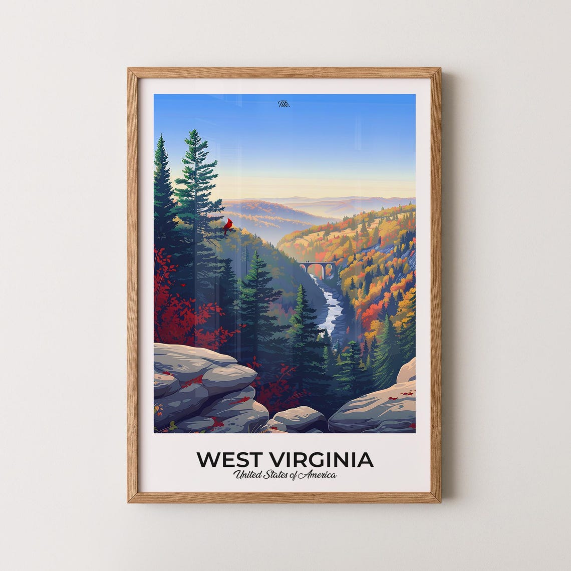 West Virginia Golden Fall Foliage River Valley Bridge Poster