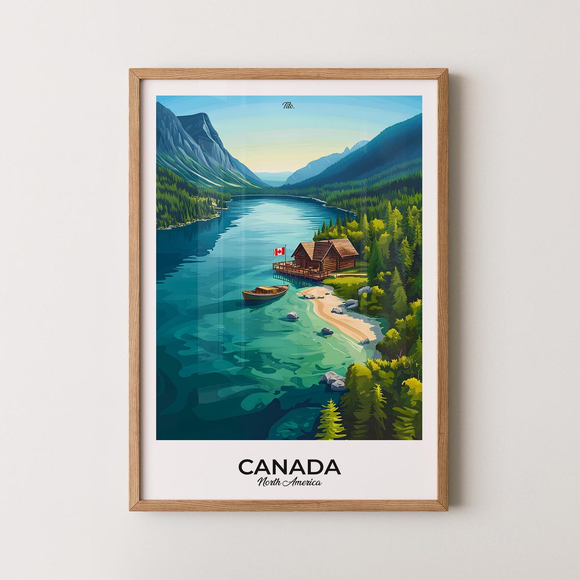 Canada Mountain Lake Log Cabin Illustrated Nature Travel Poster