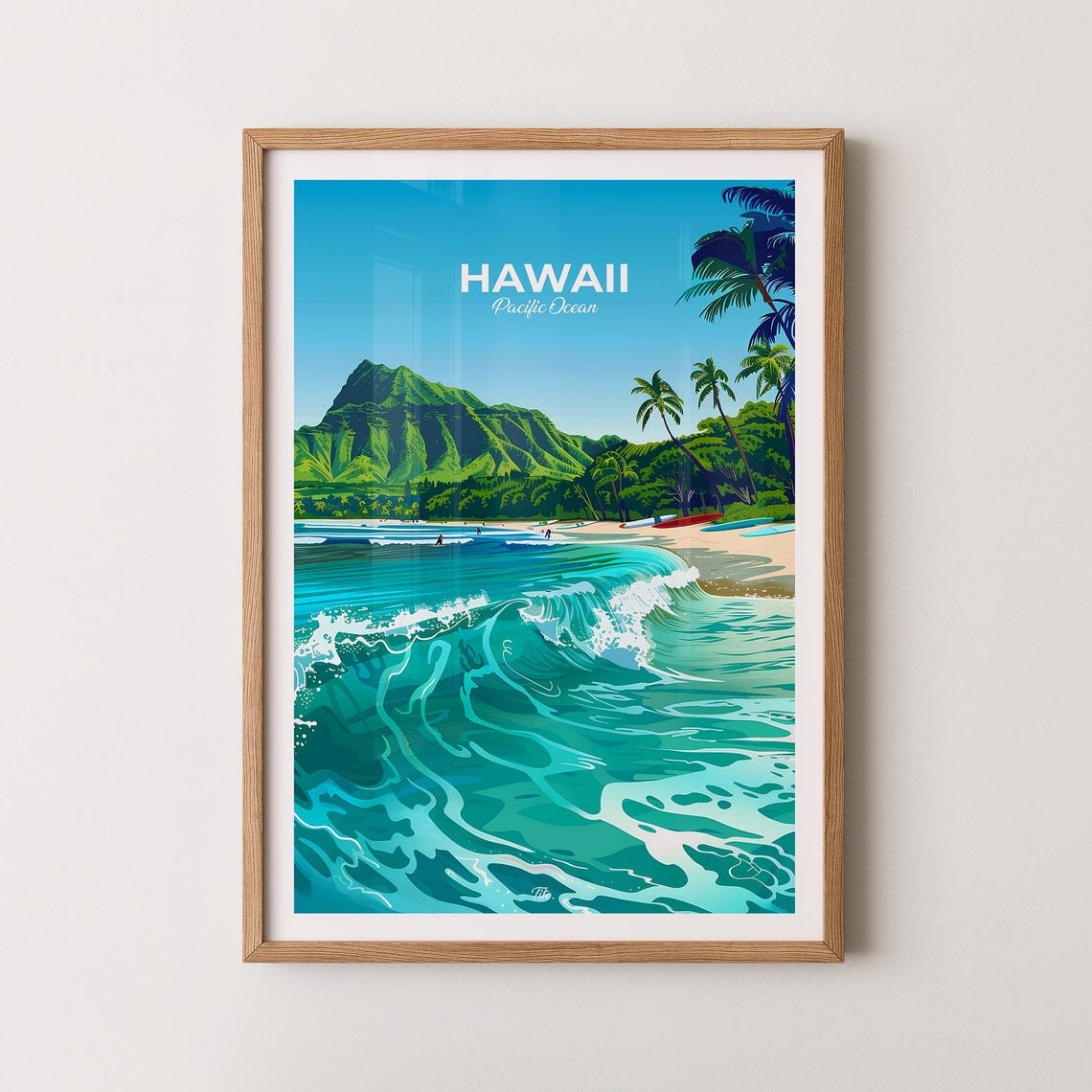 Hawaii Pacific Ocean Surf Beach Waves Illustrated Travel Poster