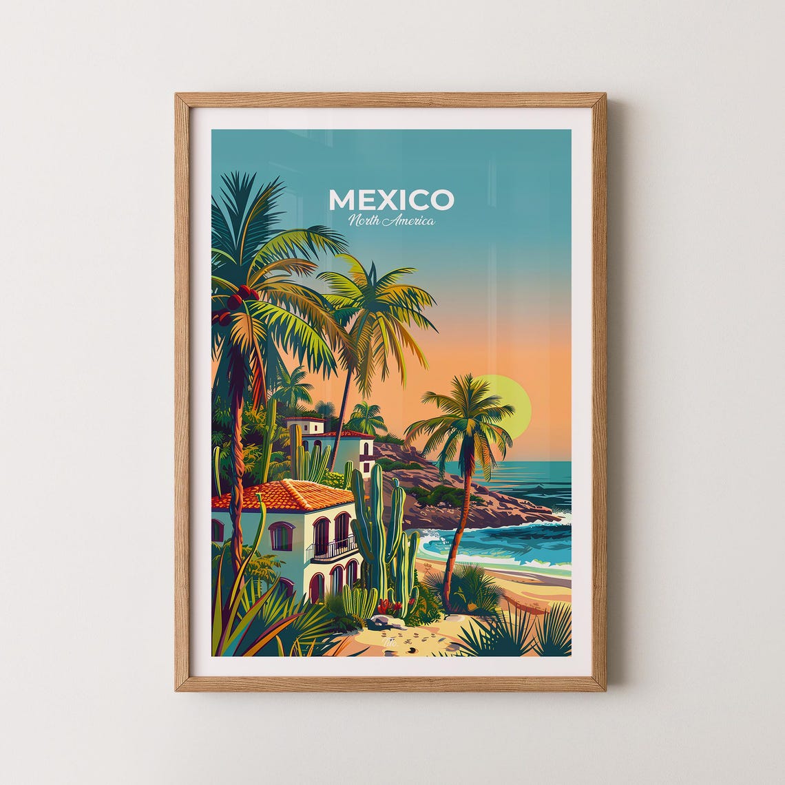 Mexico Tropical Beach Sunset Palm Tree Villa Scene Travel Poster