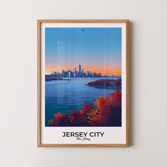 Jersey City Dusk Hudson River Skyline View Minimal Travel Poster