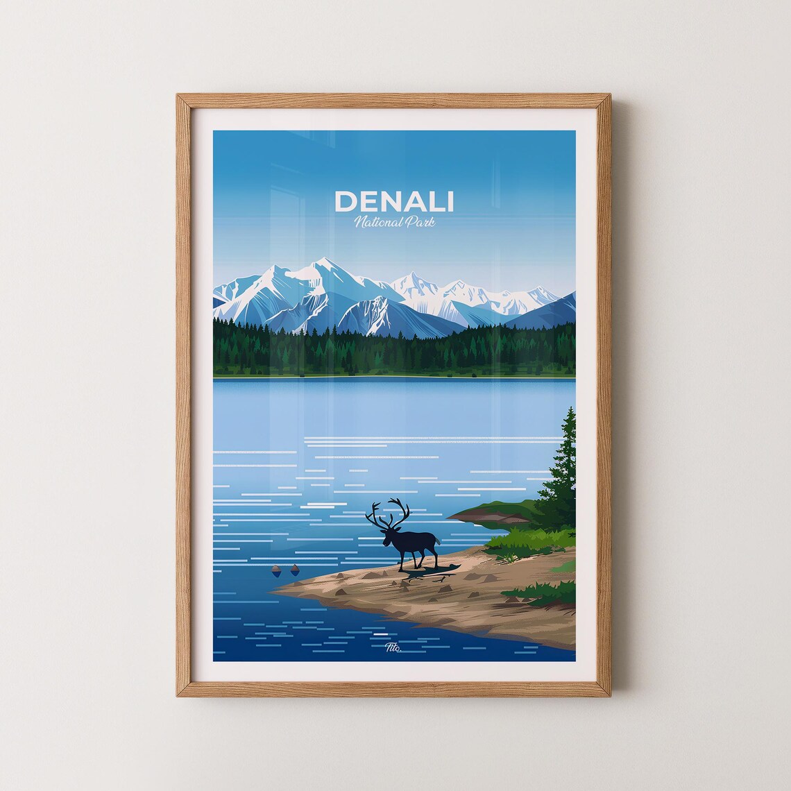 Denali National Park Snowy Peaks Caribou Lake Shore Mountain Travel Poster