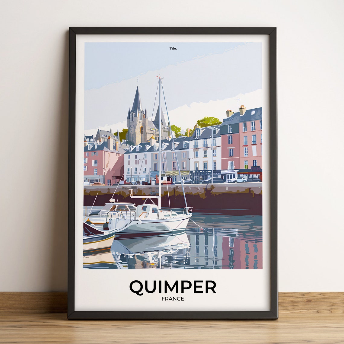 Quimper Brittany Sailboat Harbor France Vintage Travel Poster