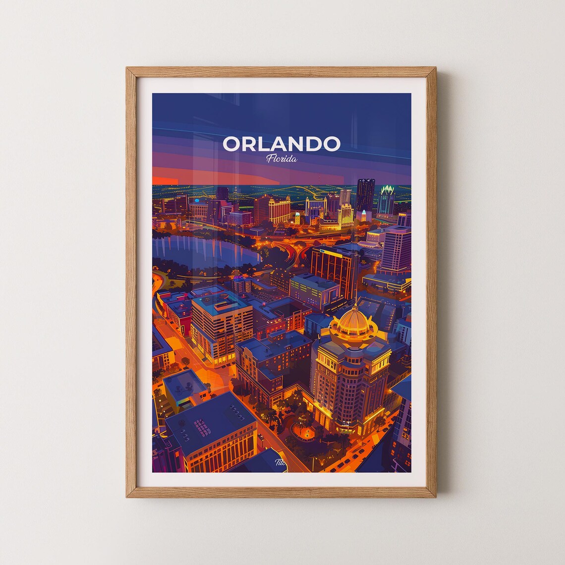 Orlando Florida Night Downtown Skyline Lake View Travel Poster