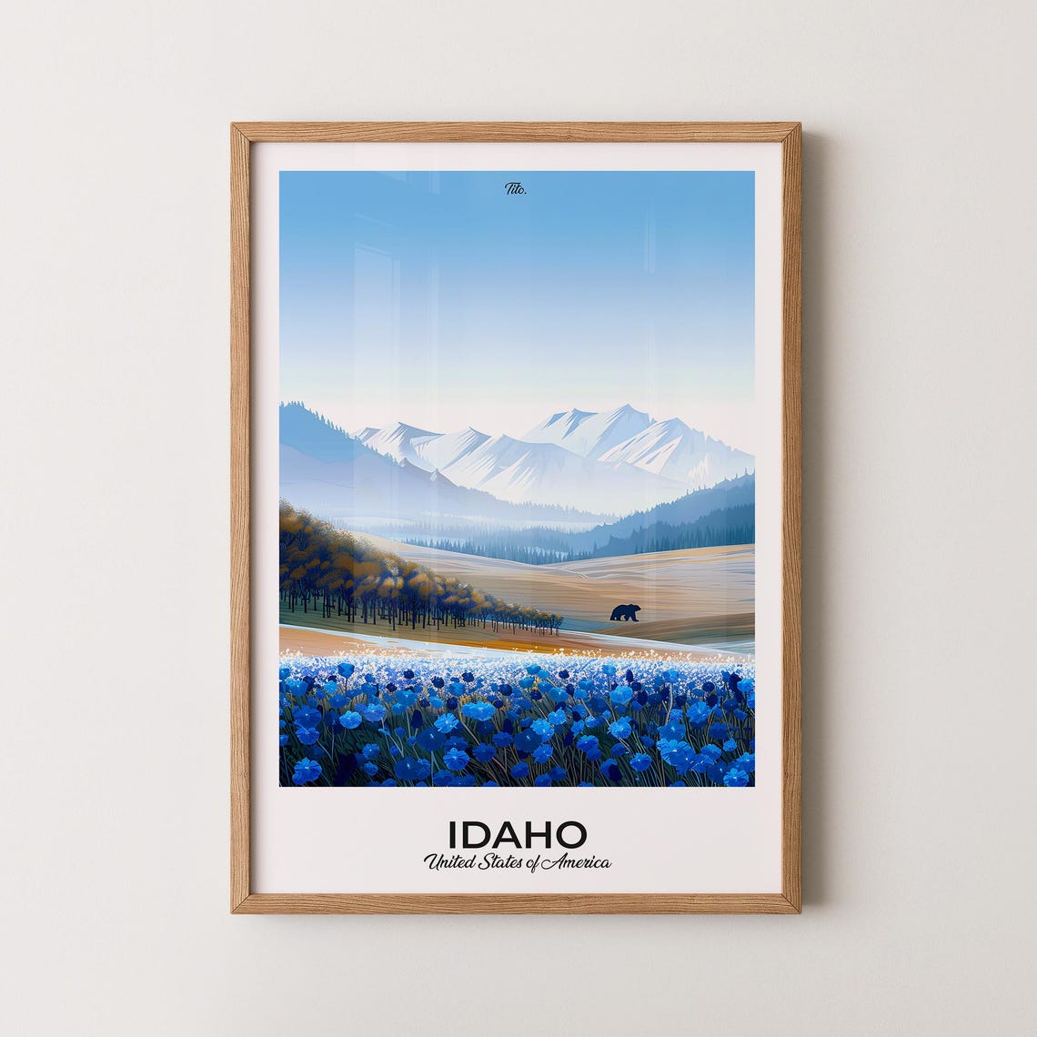 Idaho Blue Wildflower Fields Grizzly Bear Peak Travel Poster