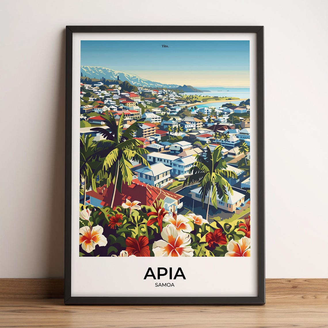 Apia Samoa Harbor Town Hibiscus Flowers Pacific Island Travel Poster