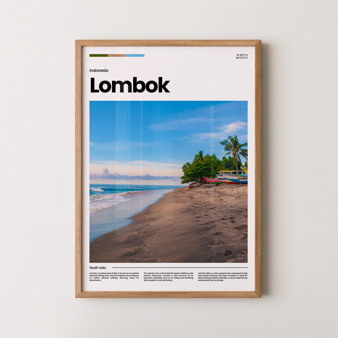 Lombok Beach Palms Colorful Outrigger Boats Seaside Travel Poster
