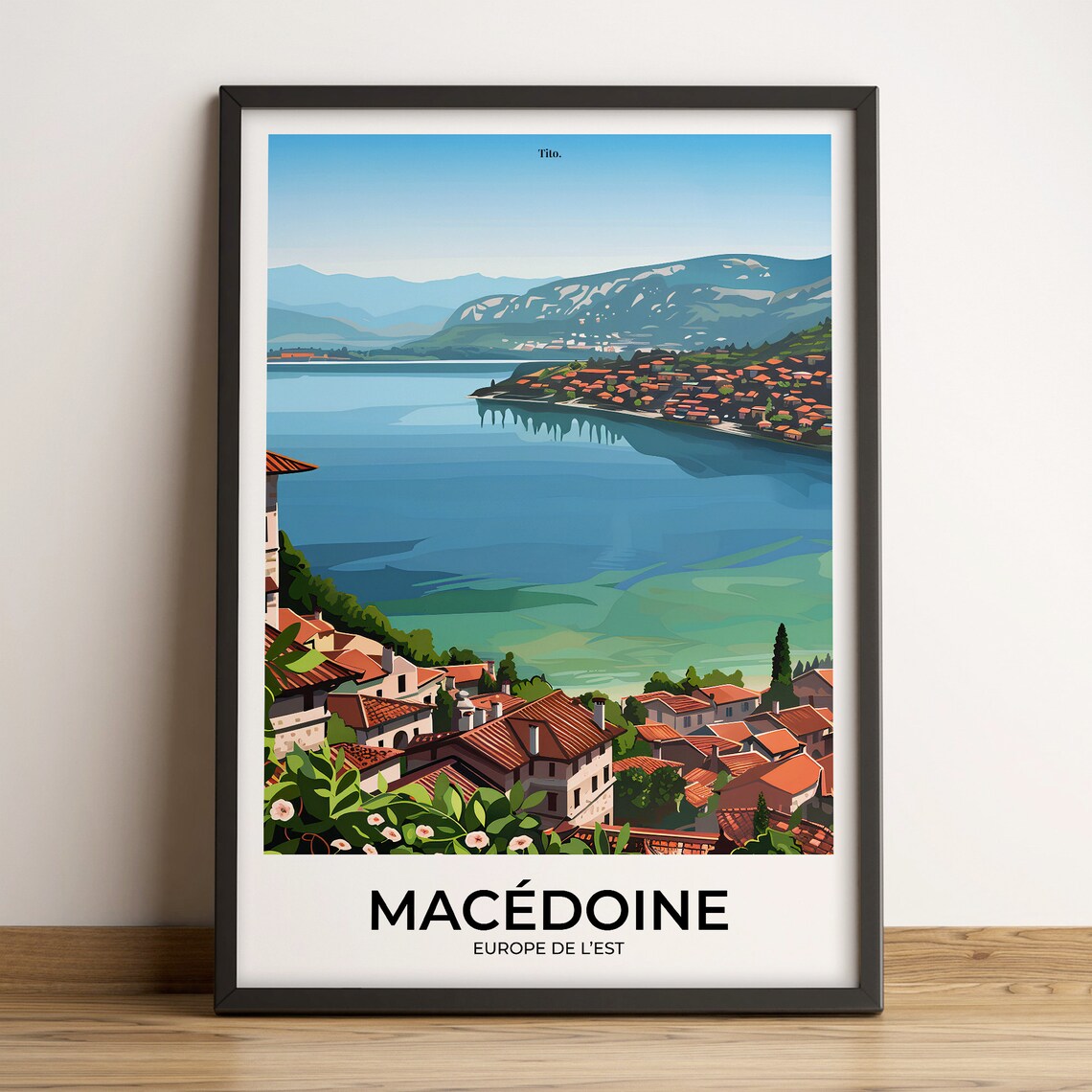 Macedonia Lake Ohrid Shoreline Town Mountain Scenic Travel Poster