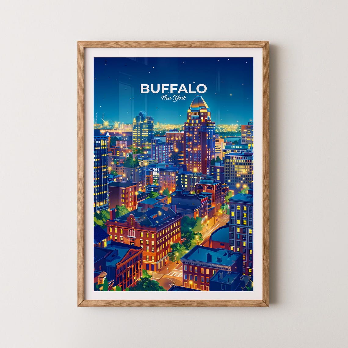 Buffalo New York Night Skyline City Lights Illustrated Poster