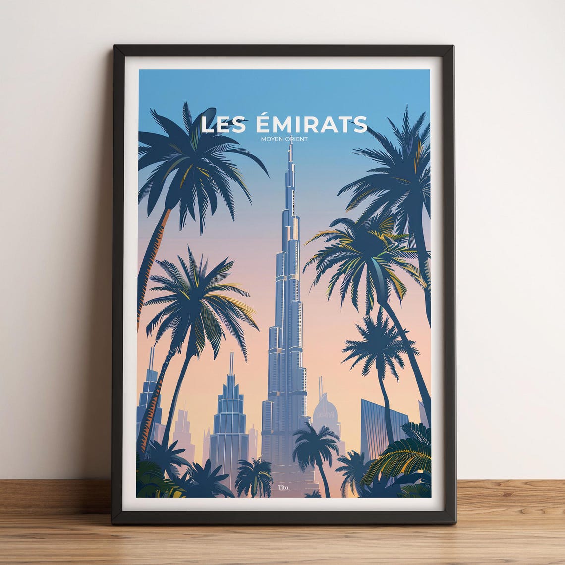 Dubai Burj Khalifa Palm Trees Sunset Vintage Travel Poster Art