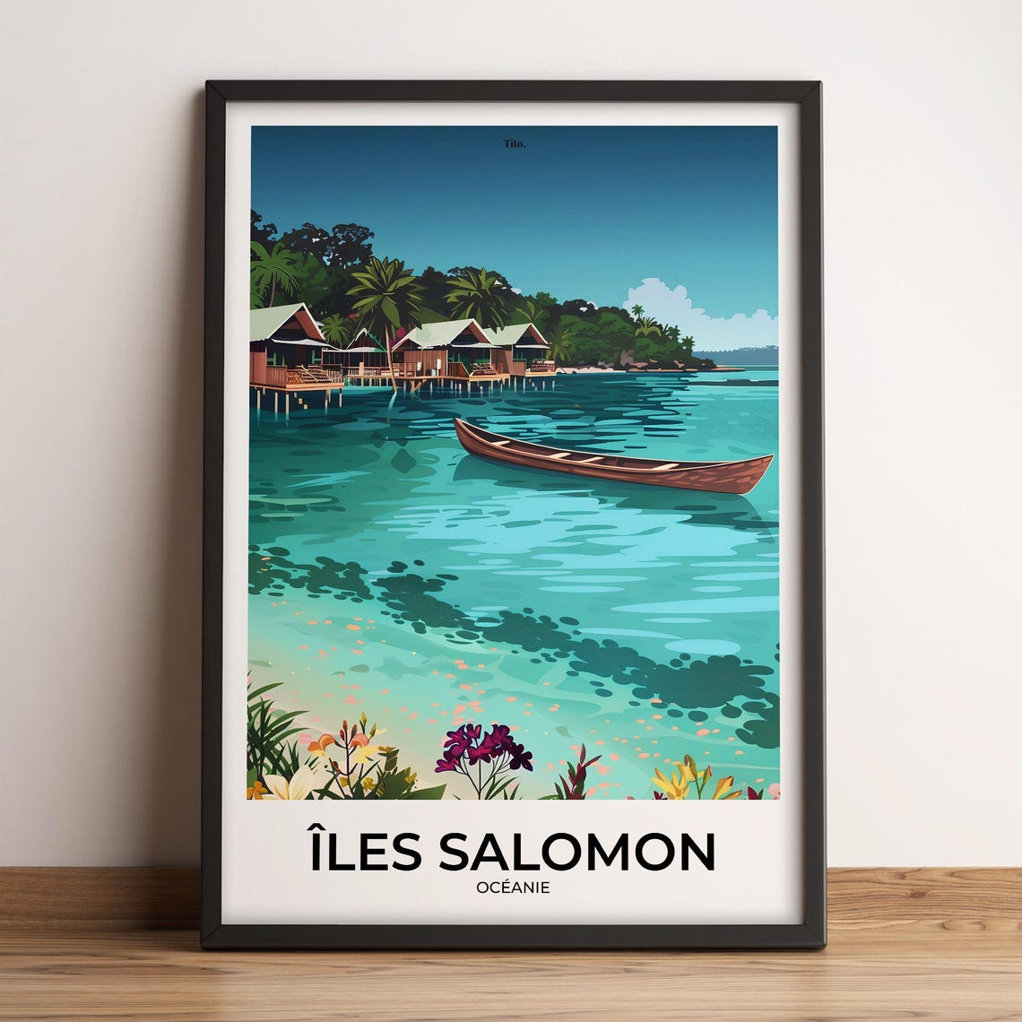 Solomon Islands Stilt Huts Canoe Tropical Lagoon Travel Poster