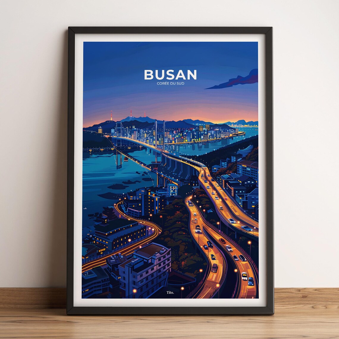Busan Harbor Night Lights Coastal City Vintage Travel Poster Art