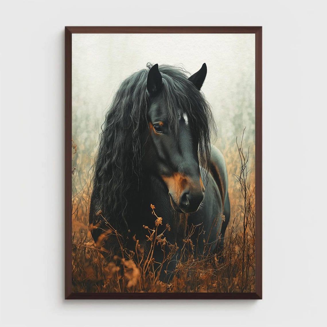 Black Horse Portrait in Golden Wheat Field Realistic Art Poster - Image 3