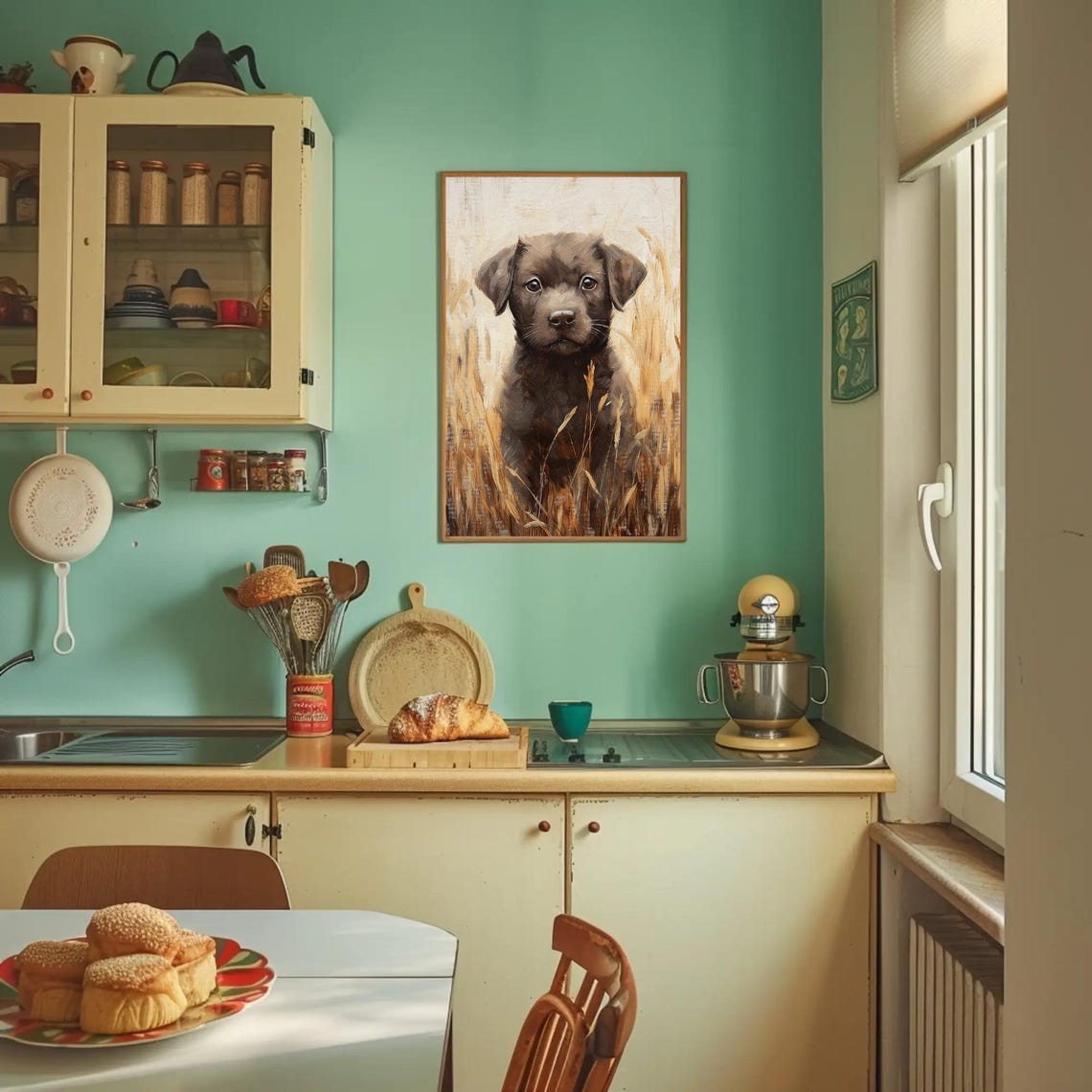 Black Puppy Sitting in a Golden Wheat Field Realistic Painting Poster