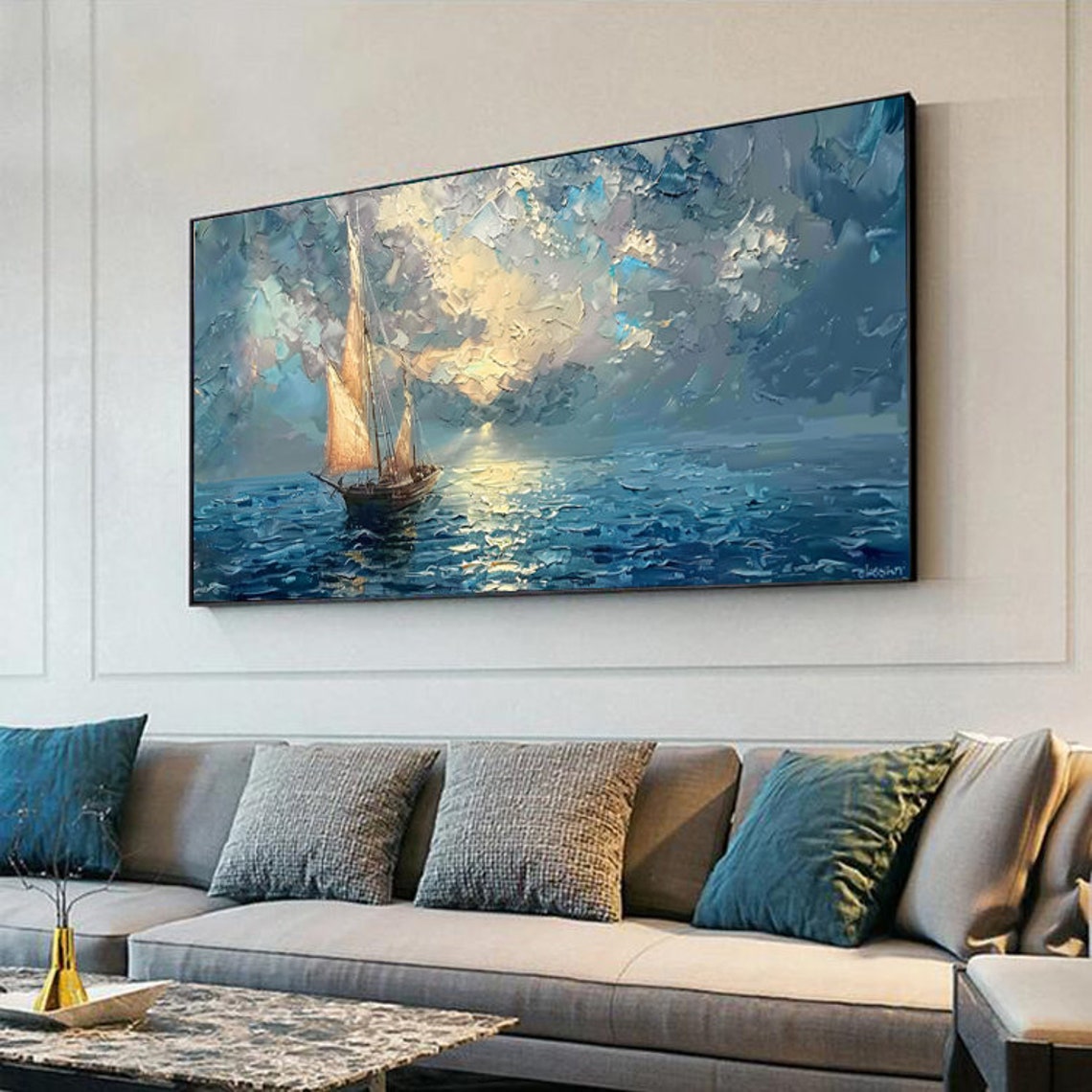 Sailboat With Golden Sails Crossing Sunrise Sea Panoramic Art Poster - Image 3