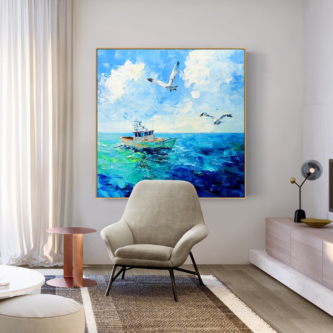 Fishing Boat and Seagulls on a Bright Blue Ocean Coastal Poster - Image 2