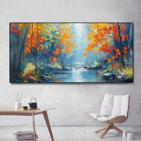 Hand Painted Abstract Heavy Oil Painting Forest Scene With Stream Textured Layered Art For Living Room Entryway Dining Room