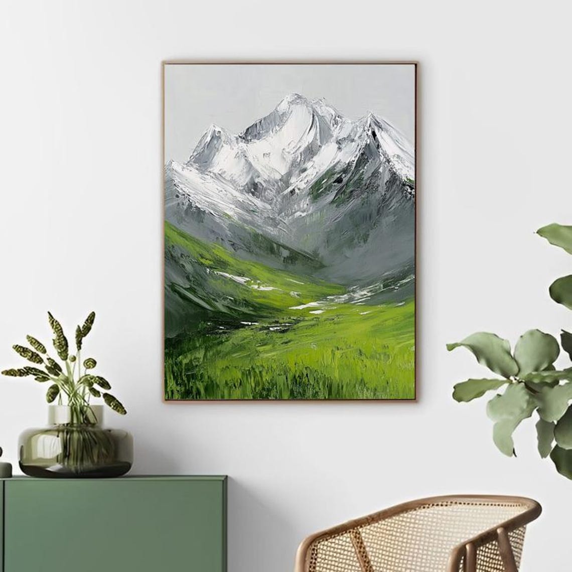 Snow Capped Mountain Peak Rising Over a Green Meadow Valley Poster - Image 2