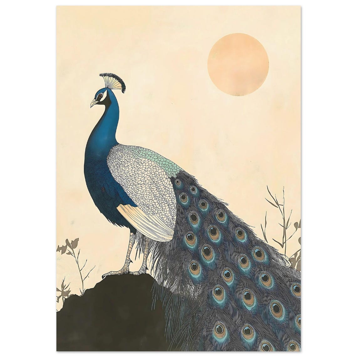 Japanese Peacock Wall Art Elegant Print Traditional Poster Decor For Home Exotic Bird Illustration