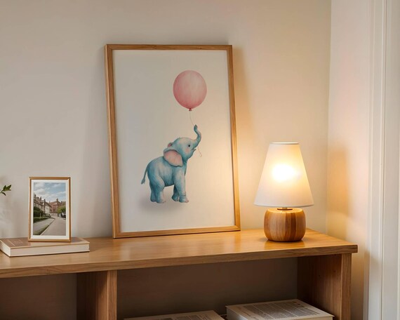 Blue Elephant Nursery Wall Art Print With Pink Balloon Baby Room Decor Whimsical Jungle Animal Poster Unframed Kids Artwork