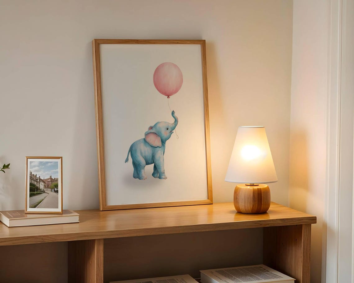 Blue Elephant Pink Balloon Baby Nursery Whimsical Animal Print