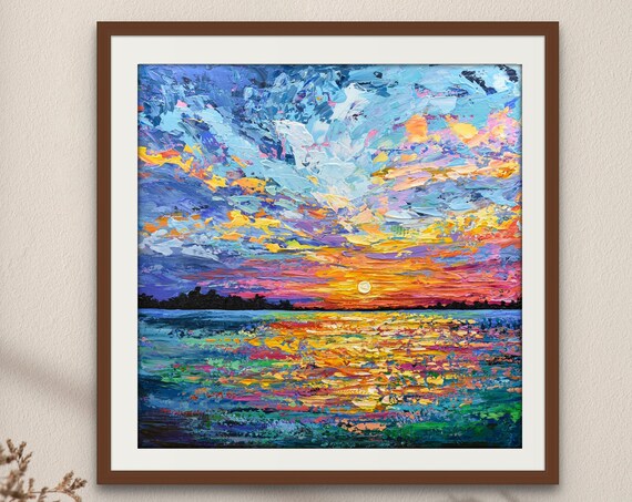 Ocean Sunset Painting Framed Square Golden Reflection Sky Art Poster