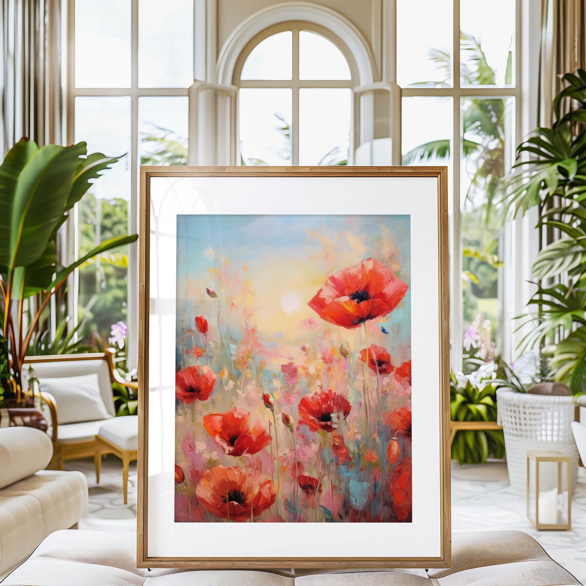 Red Poppy Meadow at Sunrise Impressionist Floral Landscape Poster - Image 3