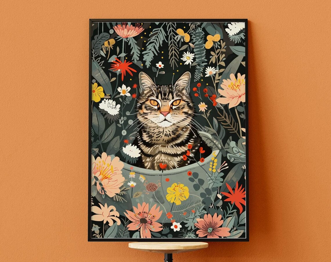Tabby Cat Jungle Bath Art Print, Boho Decor