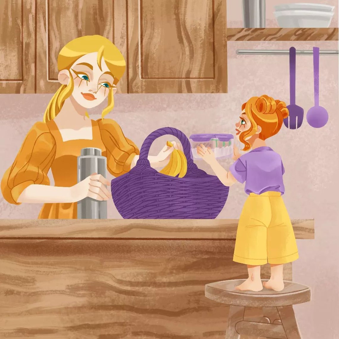 Mother and Child Packing a Picnic Basket Together Kitchen Art Poster