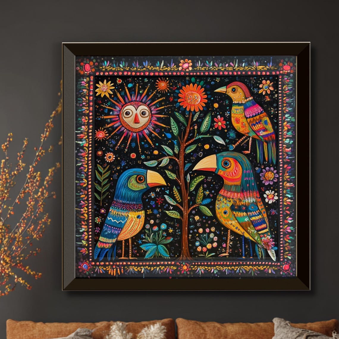Colorful Mexican Folk Art Birds Tree Sun Naive Painting Poster