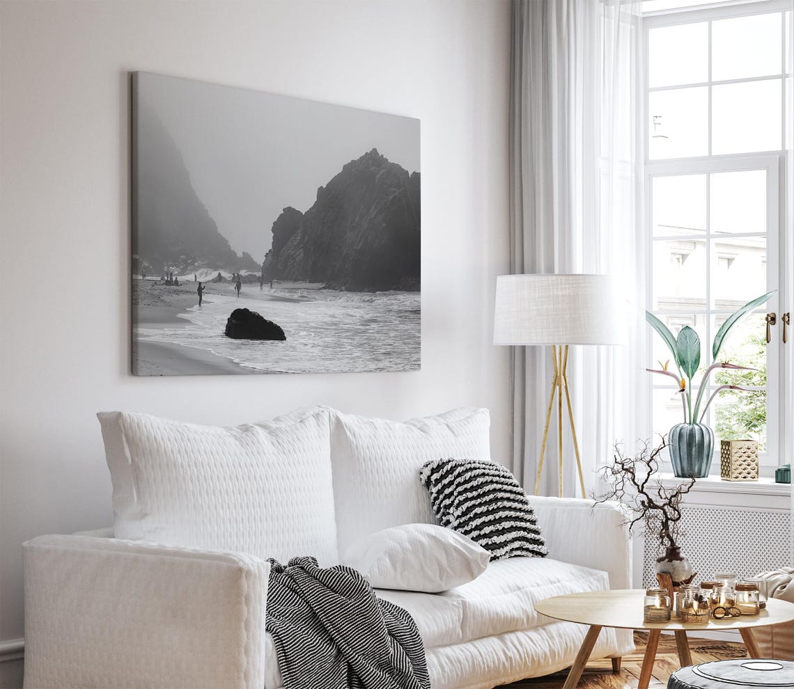 Black And White Beach People Walking Rocky Cliffs Foggy Coast Poster - Image 4