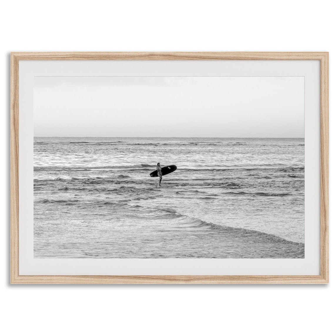 Woman Surfer Walking Out Ocean Longboard Black And White Beach Poster