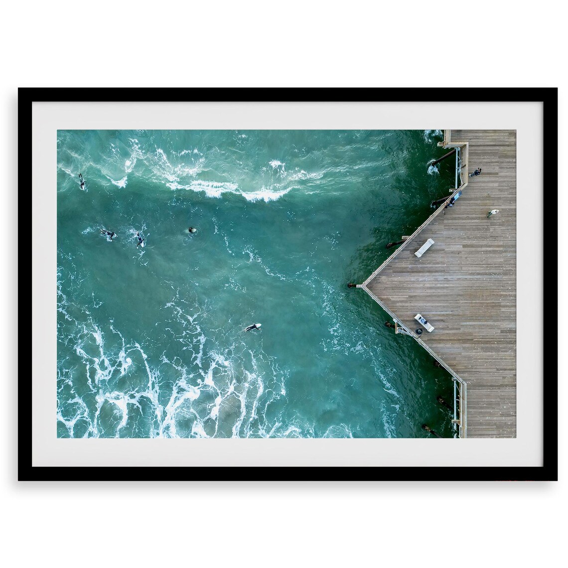 Aerial Surfers Turquoise Ocean Wooden Pier Pismo Beach Drone Poster