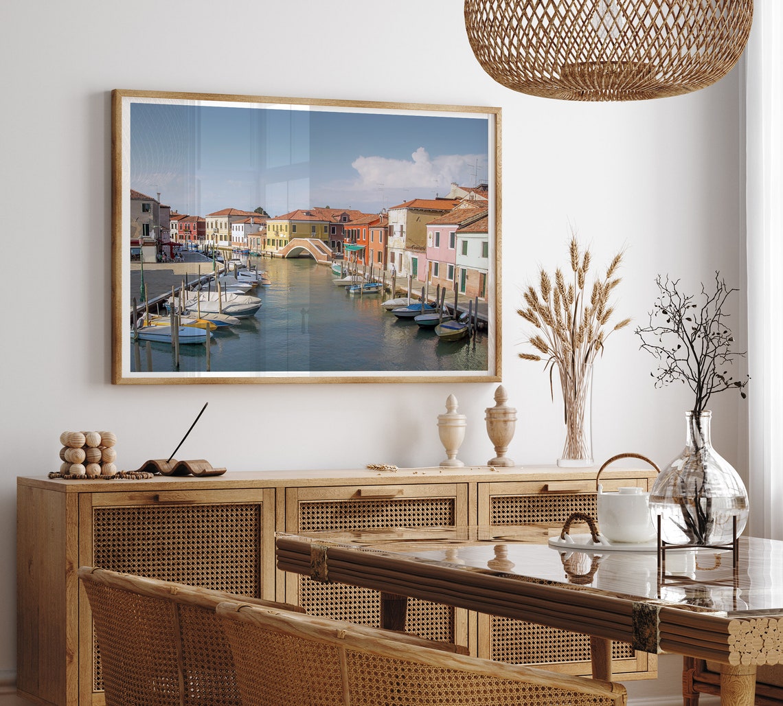Venice Italy Colorful Canal Houses Boats Arched Bridge View Poster - Image 5